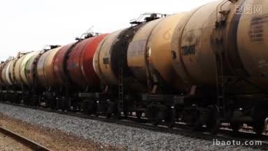 多利镜头中一列载着油罐车的货运列车缓缓驶过